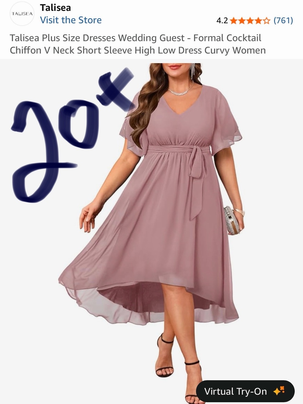 Talisea Plus Size High-Low V-Neck Chiffon Dress in Dusty Rose